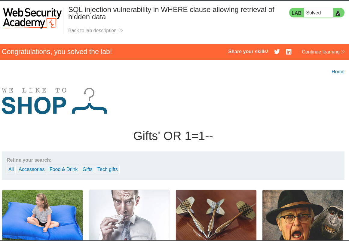 PortSwigger Web Security Academy lab solved