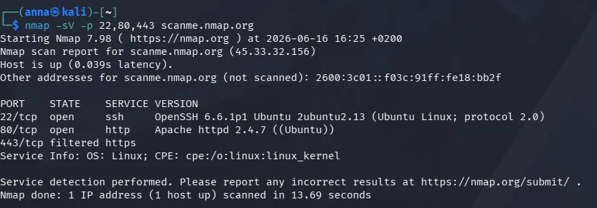 Nmap scan output showing open ports and service versions